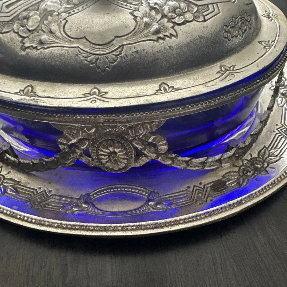 Victorian Silver Plate Covered Butter Dish Cobalt Blue Glass Liner Made In Japan